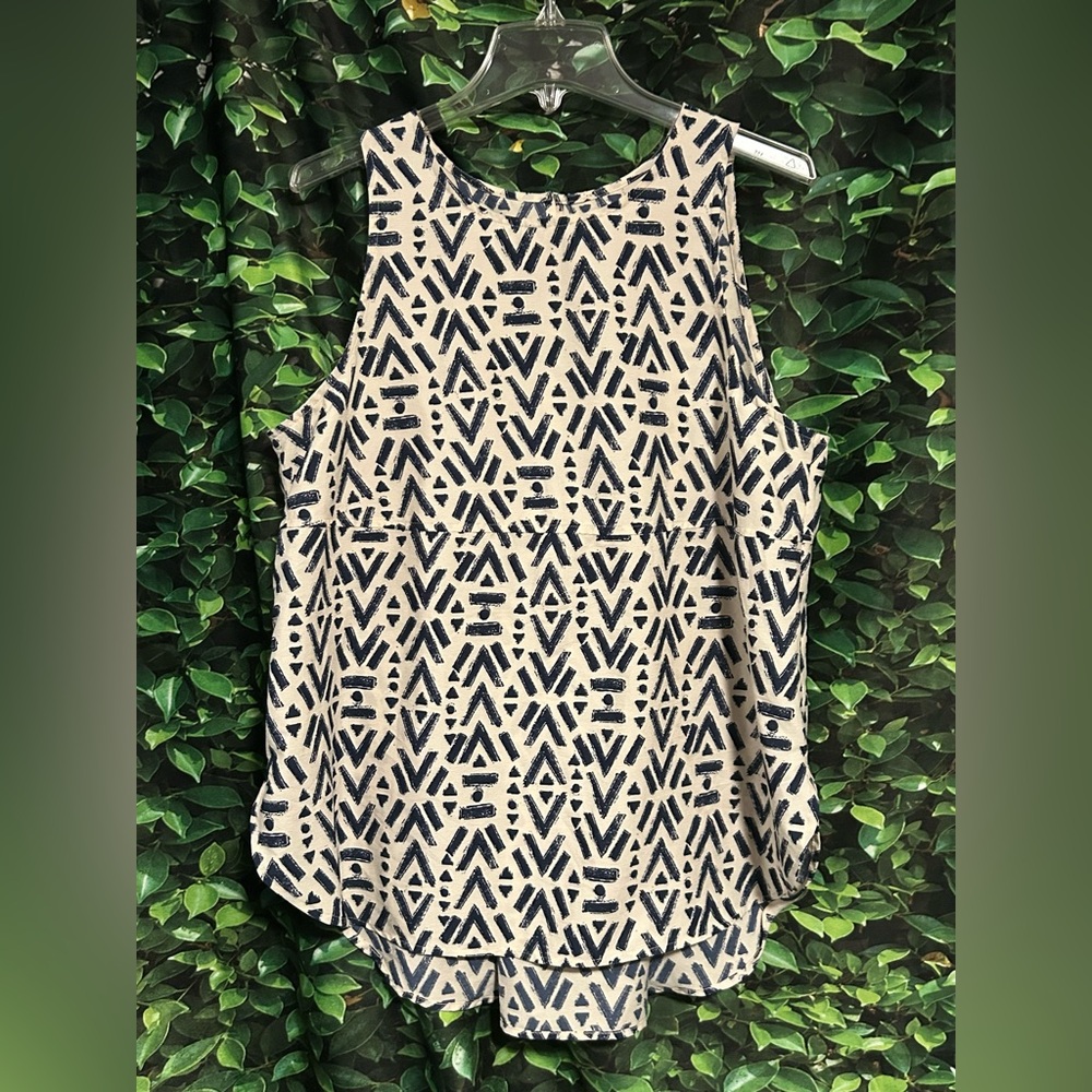 Faded Glory Tank Top Blouse Ivory Navy Blue Aztec Print Polyester Womens 12/14